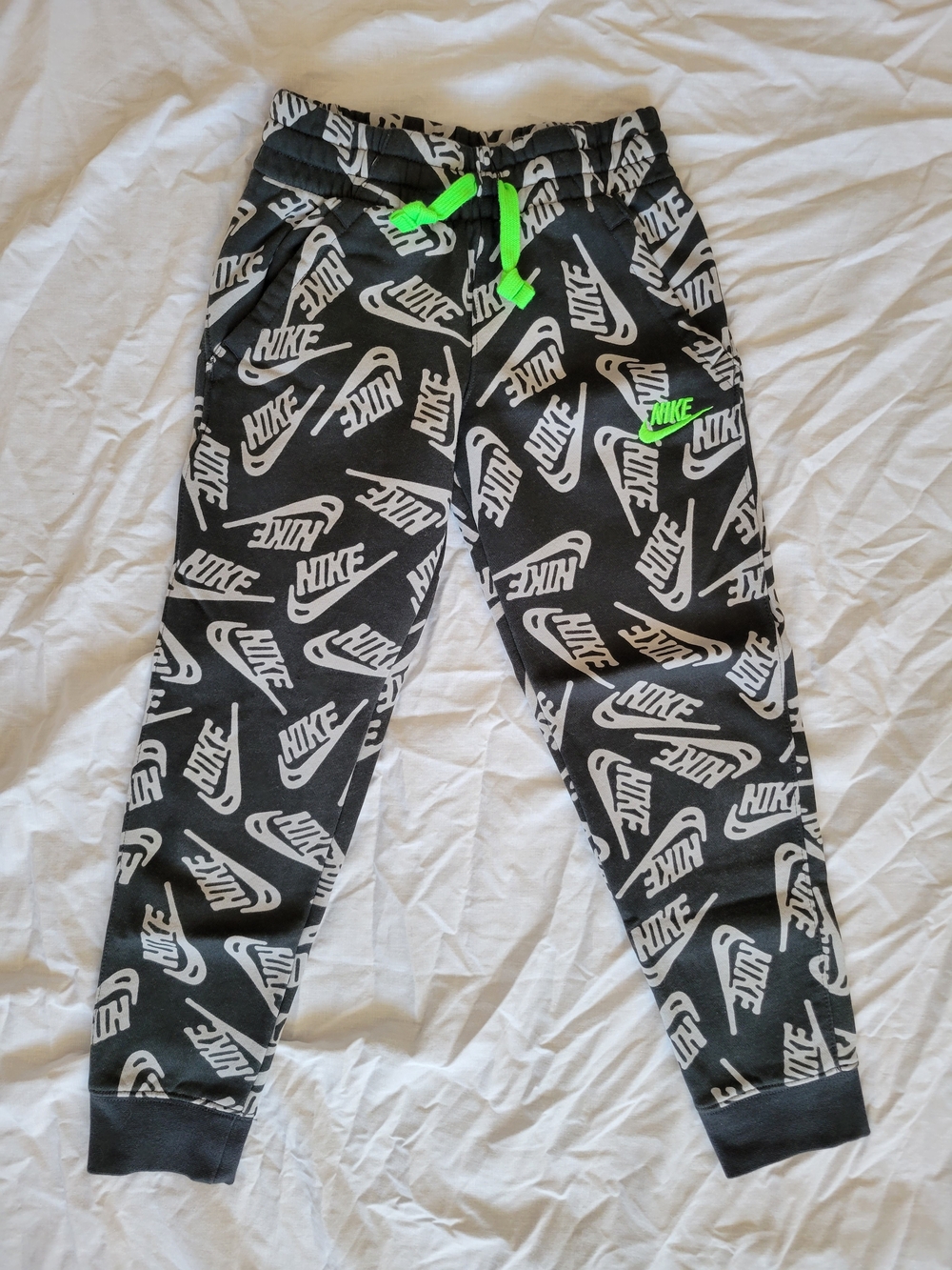 Nike Black Joggers with White Logo Allover and Neon Green Drawstring Youth XS